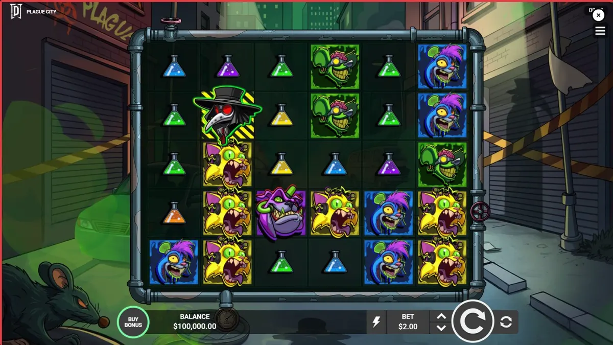 Tampilan layar permainan slot Plague City dengan tema apokaliptik dan laboratorium medis.
