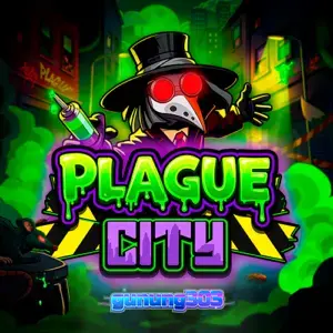 Tampilan layar permainan slot Plague City dengan tema horor kota yang dilanda wabah, menampilkan gulungan dan simbol-simbol neon.